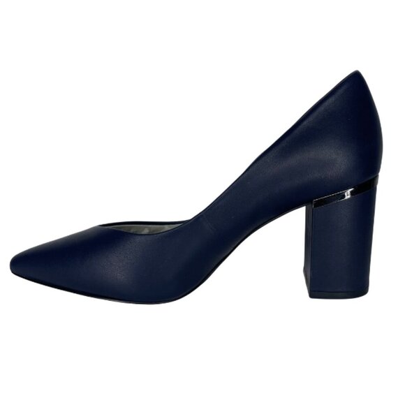 1. State Saffire Blue Pointed Toe Leather Block Pump Heel Office Career Sz 7M - Picture 2 of 10